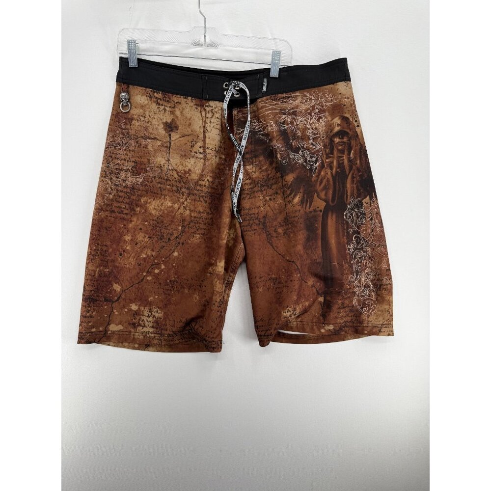 Affliction Board Shorts Mens 36 12" Swim Trunks Graveyard Reaper AOP Y2K Grunge